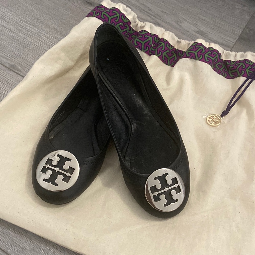 Tory Burch Black Leather Logo Ballet Flats with Silver Medallions